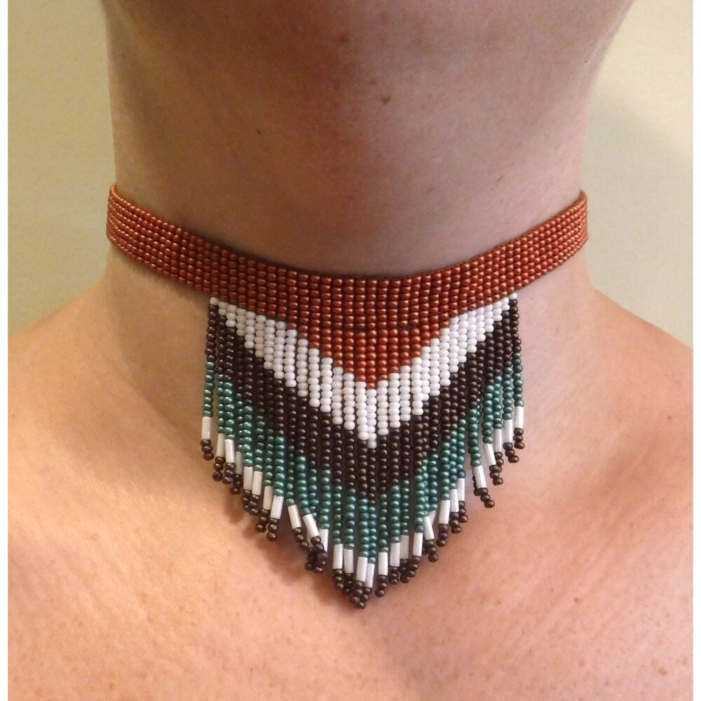 Loom Beaded Choker Necklace w/ Fringe Copper